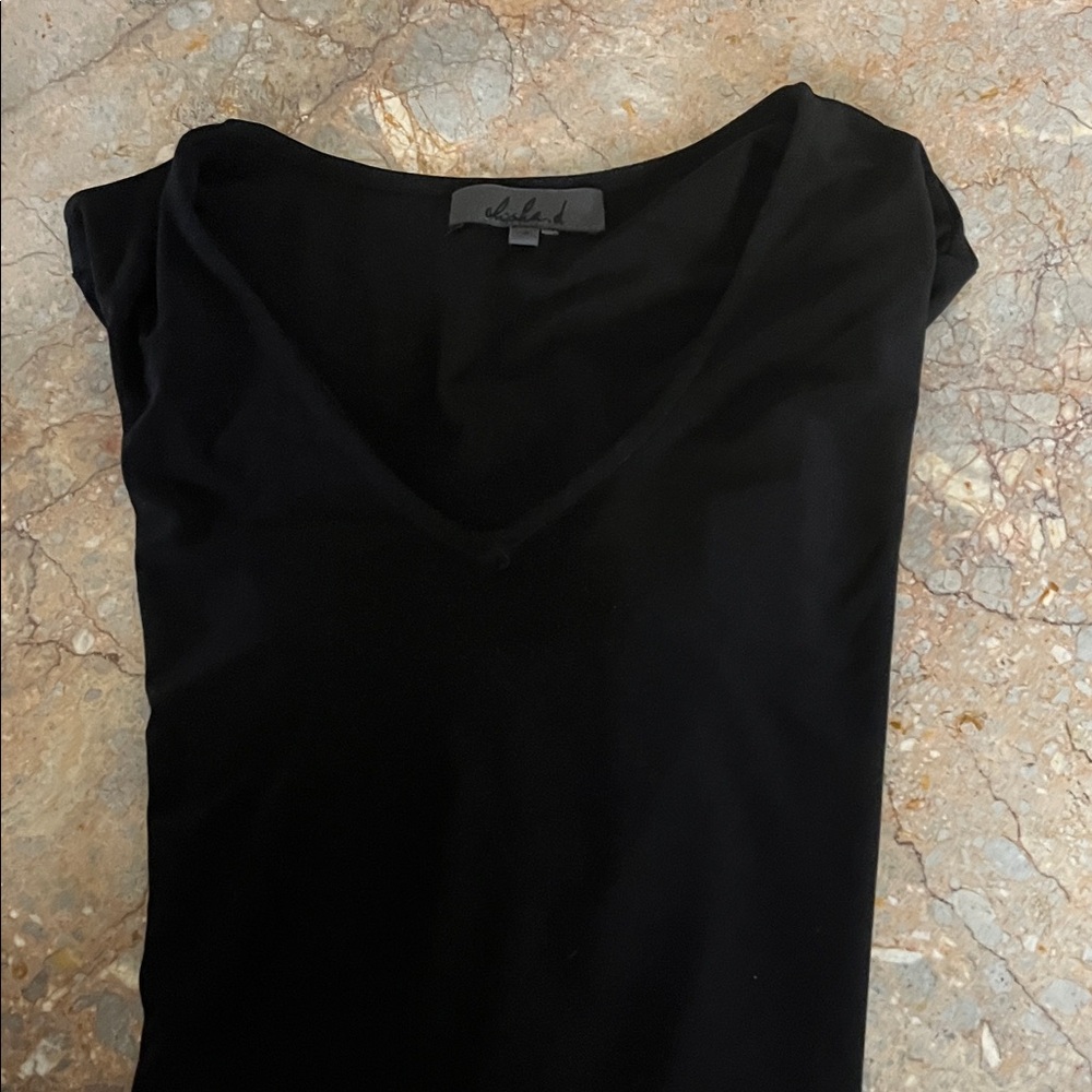 Black V-Neck Women's Long Asymmetrical Top with 3/4 Sleeves